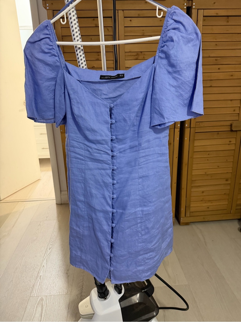 Zara Lavender-Blue Buttoned Puff Sleeve Mini Dress